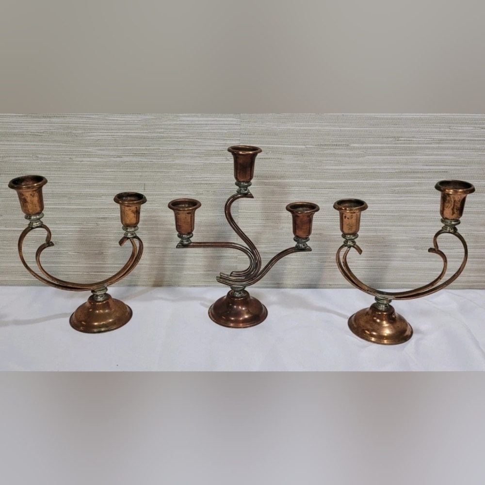 Vintage Venetian Copper Mid Century Modern 1950's Candelabras Set of 3
